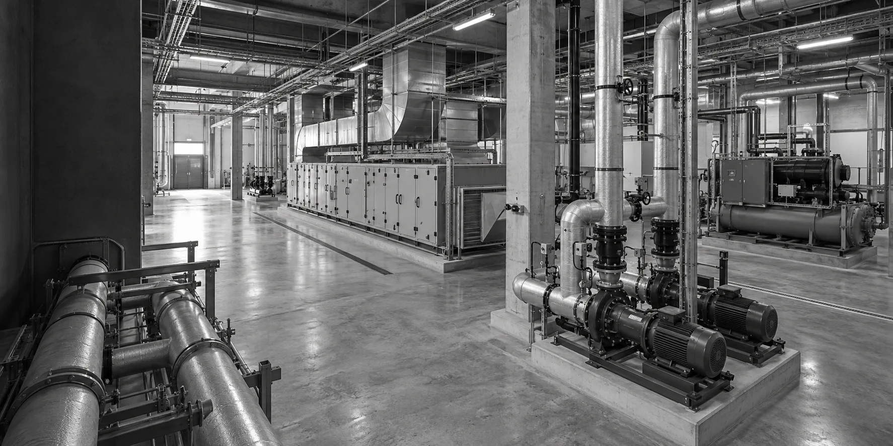 An expansive commercial plant hall with an air-handling unit, insulated distribution pipework, pump sets and chilled-water plant arranged around clear access passages.