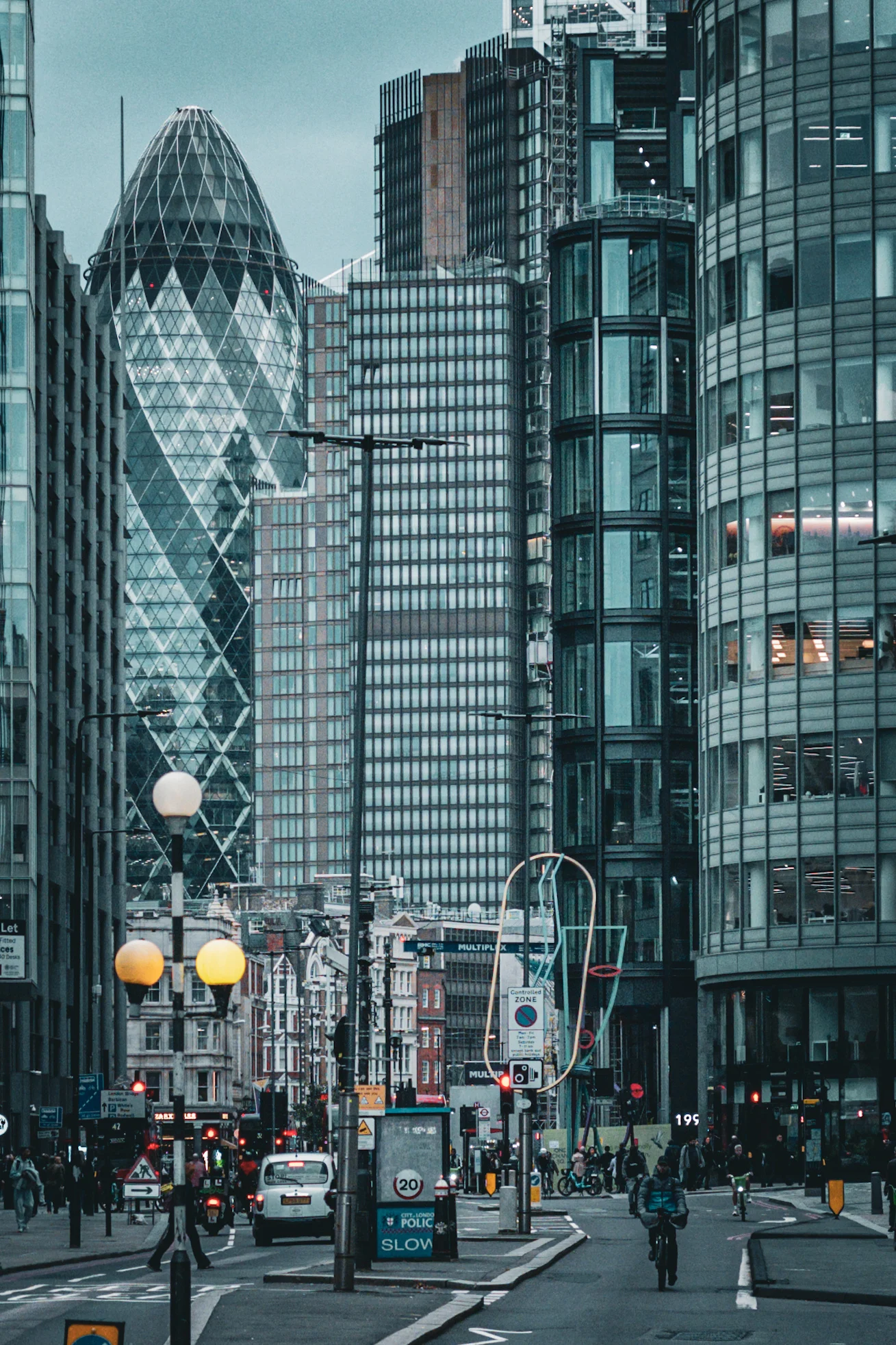 A street-level perspective through the City of London’s layered commercial architecture.