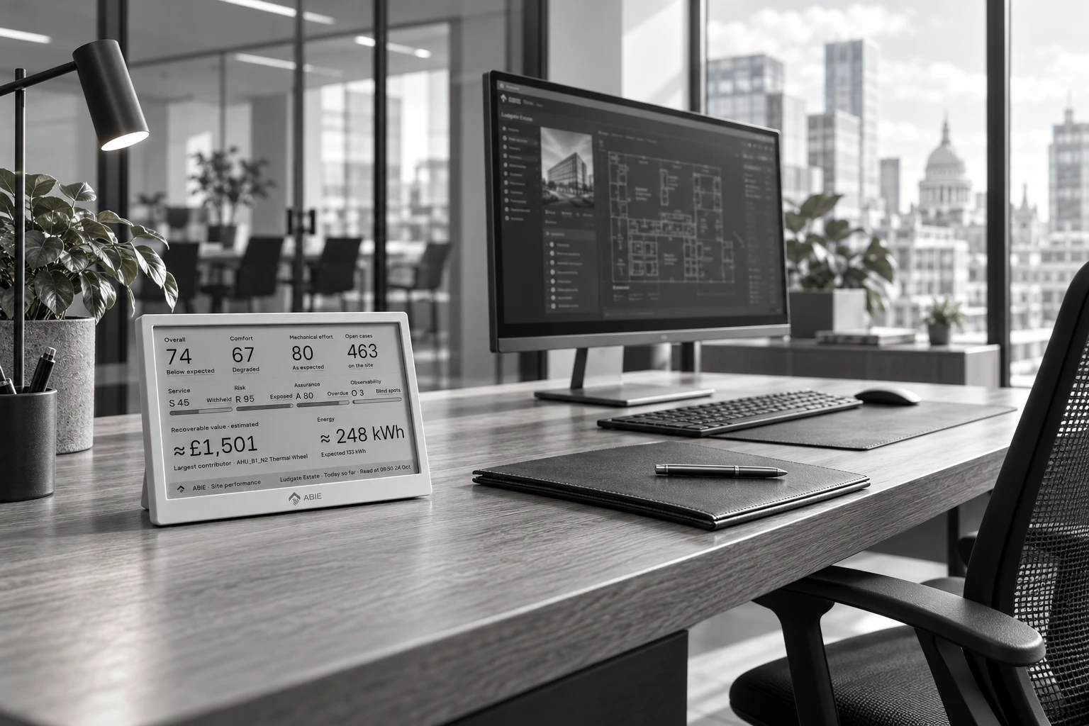 ABIE eDisplay on an office desk, showing site scores, exposure, energy and open cases