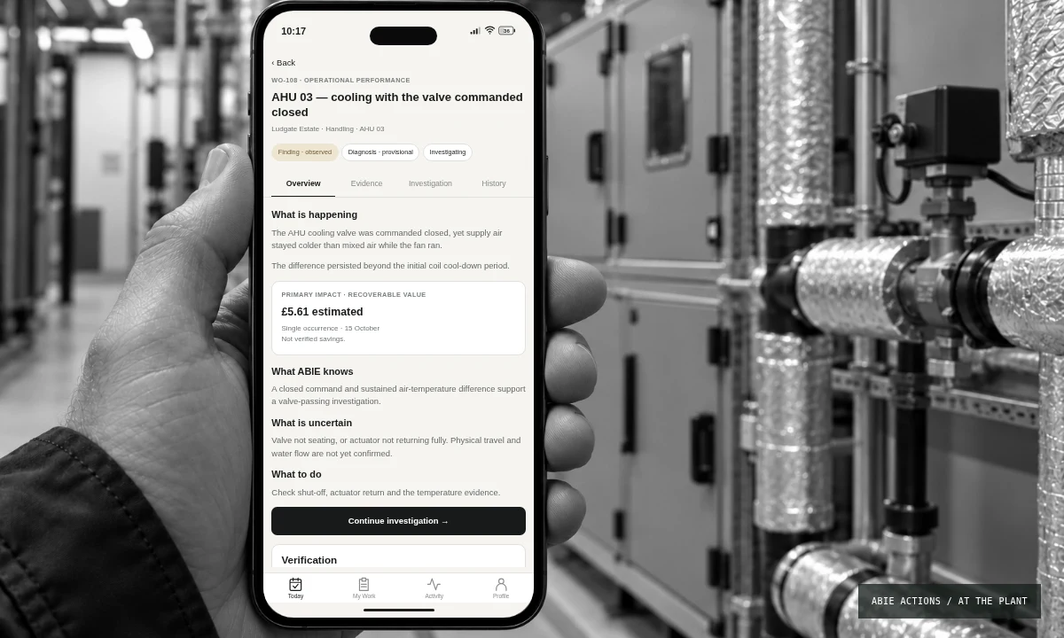 The mobile ABIE Actions app showing an assigned finding in the plant room